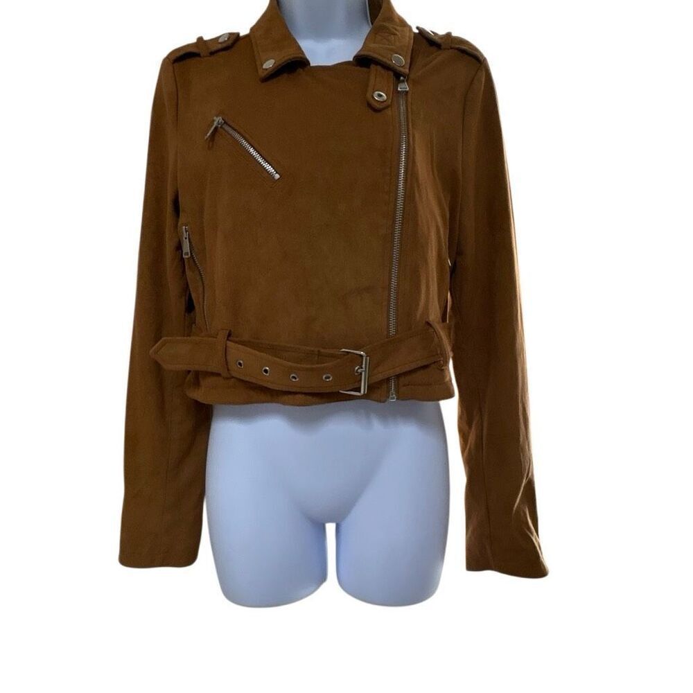 Ashley By 26 International Brown Faux Suede Moto Biker Jacket Medium Belted Crop